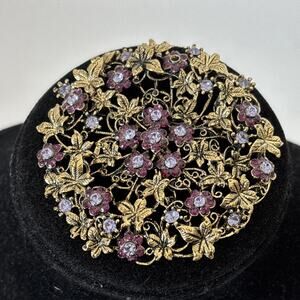 CLARK & COOMBS C&C Vintage Brooch Pin Goldtone Filigree Purple Rhinestones 2.5”
